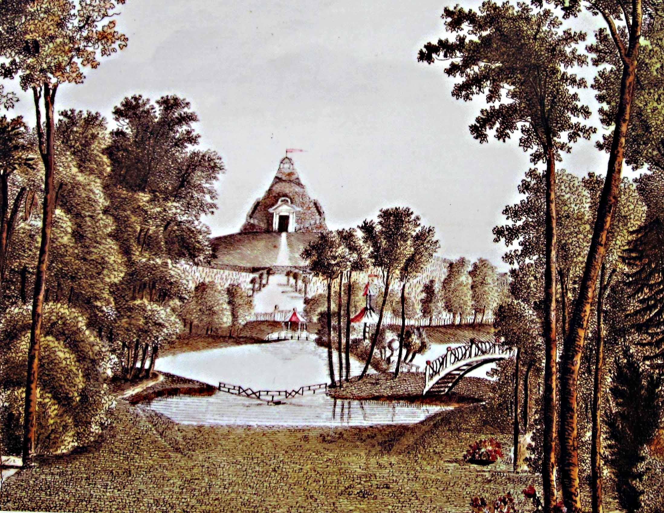 Historische Ansicht: die Pyramide Garzau oberhalb des damals noch vorhandenen Kleinen Haussees. Kupferstich um 1790, Ausschnitt, Künstler unbekannt.

