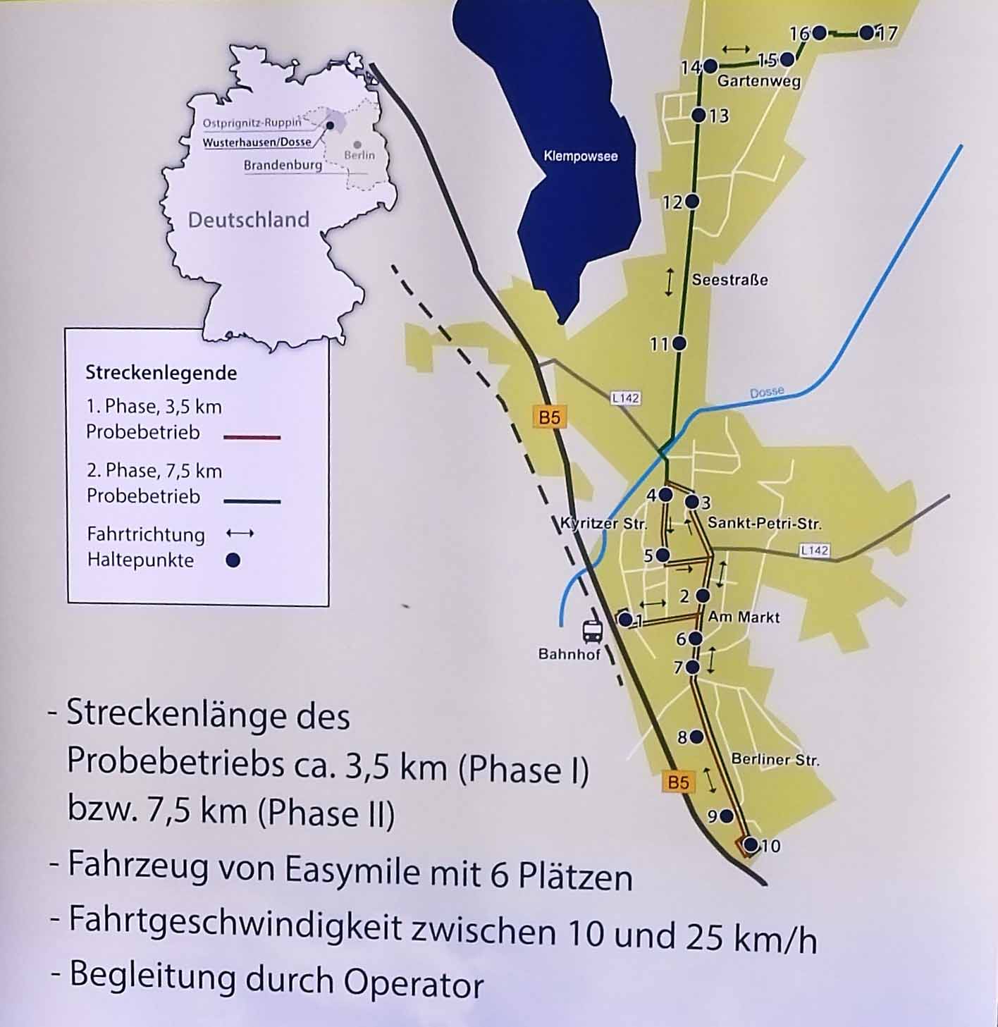 Die Streckenführung des automatisierten Minibusses durch Wusterhausen/Dosse.